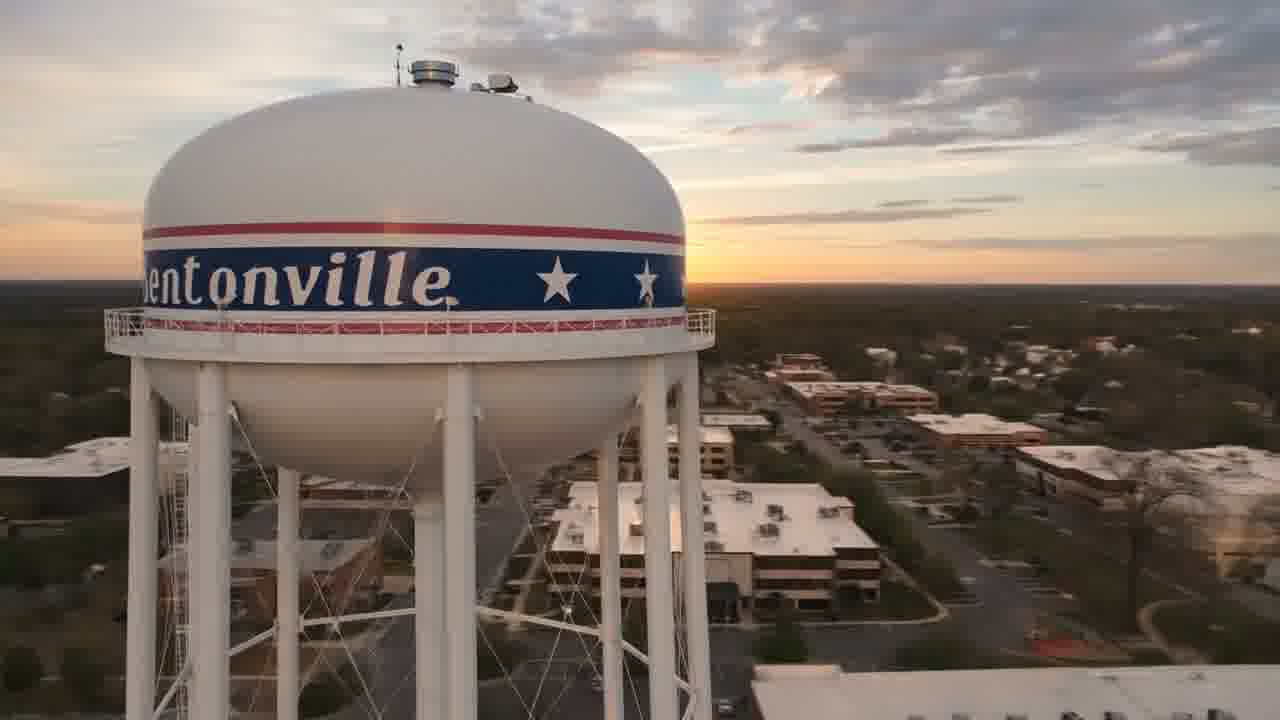 Bentonville’s water tower overlooking downtown at sunset